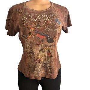 Cactus Y2K Butterfly Garden Brown Bedazzled T-Shirt